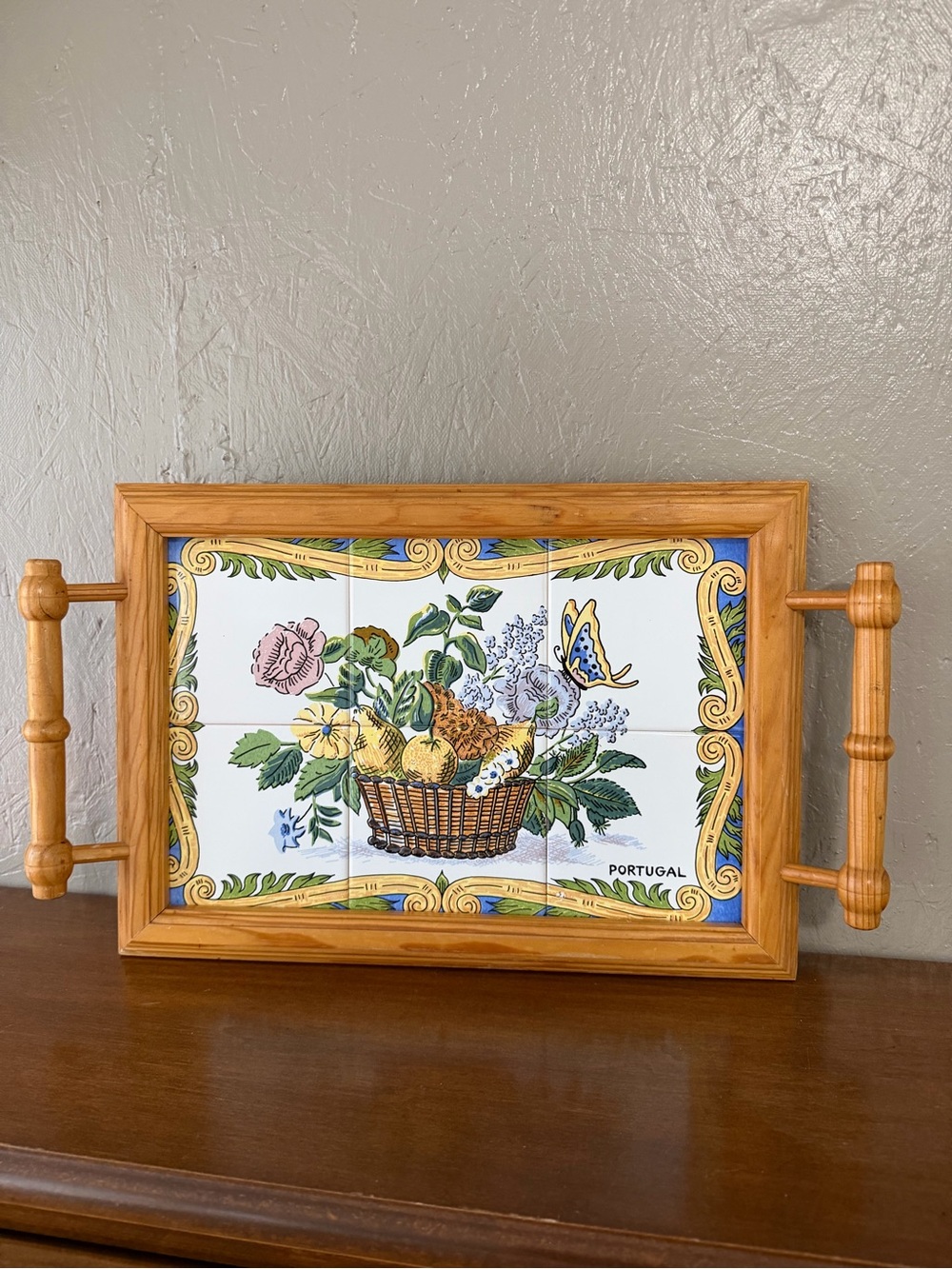 Portugal Ceramic Tile Serving Tray with Wood Frame - Yellow Floral Design